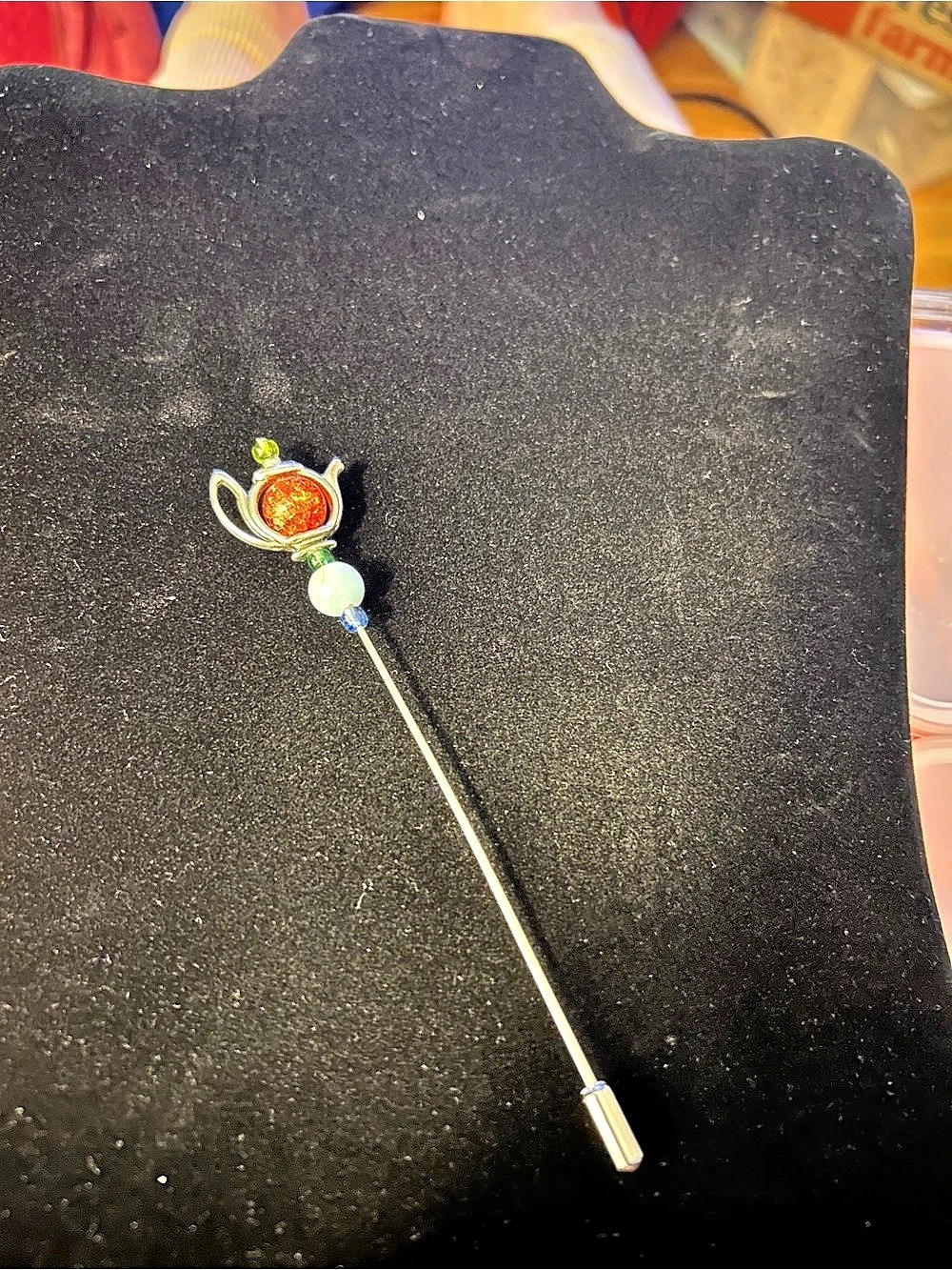 Teapot Brooch in Gold & Orange Like New